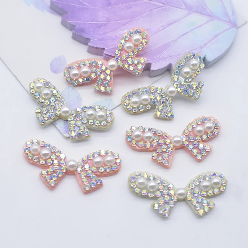 20Pcs 35*17mm Padded Rhinestone & Pearl Crystal Bowknot Applique for DIY Clothes Shoes Hat Patches Hair Clips Bow Decor E16