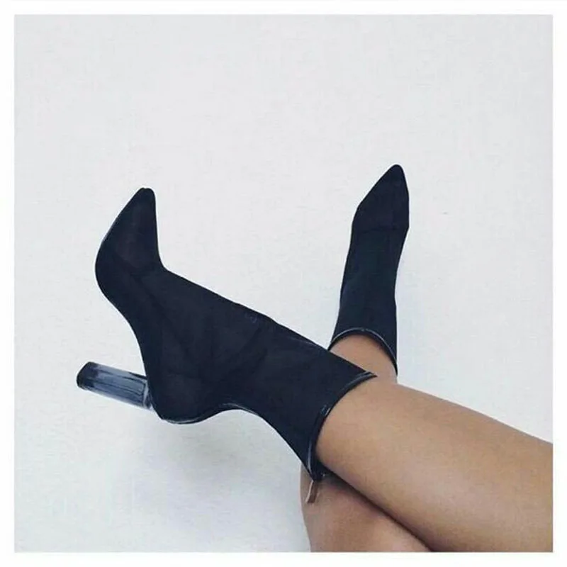 Summer Clear Thick Heels Woman Boots Sexy Breathable Mesh Pointed Toe Ankle Boots Zipper High Heel Sandals Botas Mujer Shoes