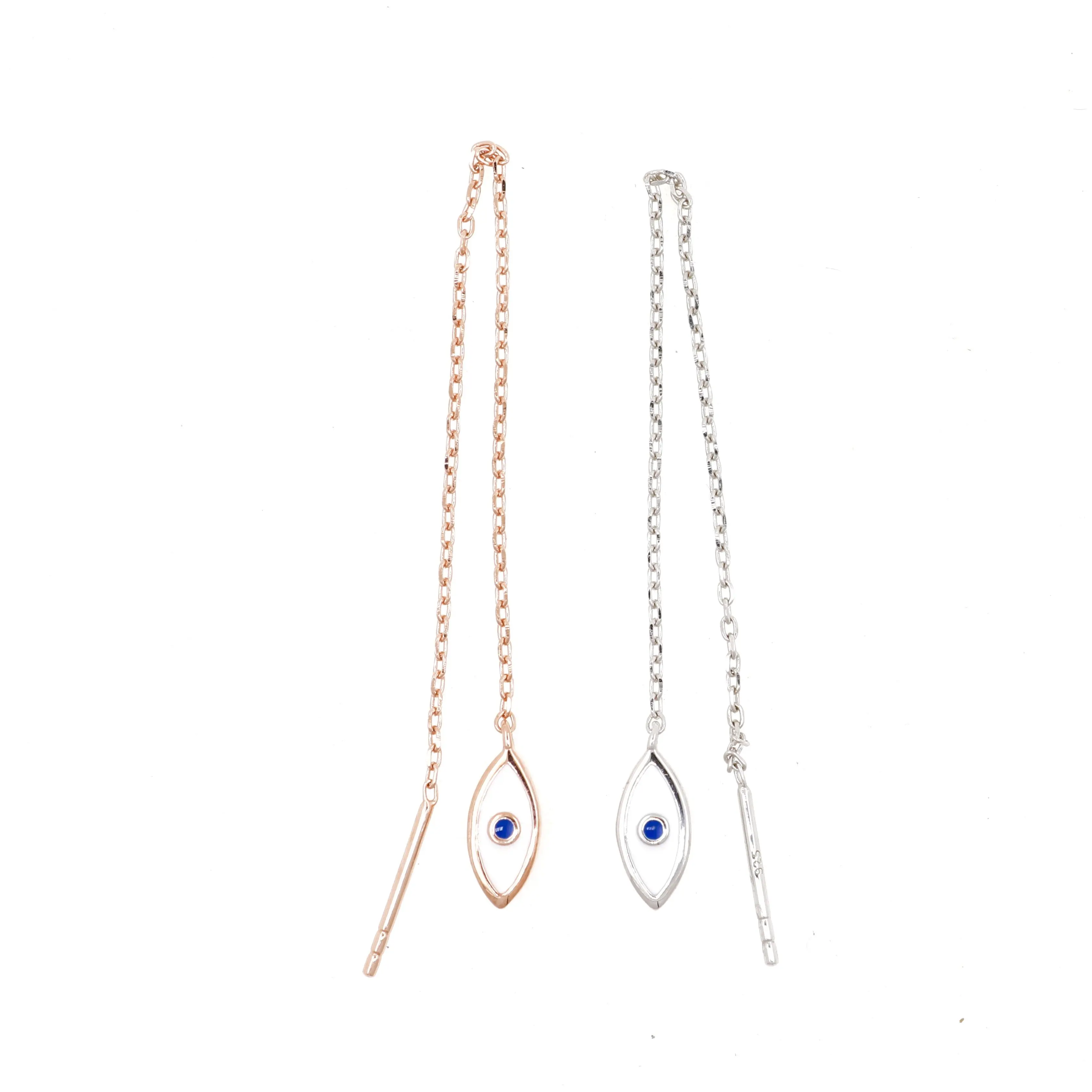 Tassel chain earring Silver plated Rose gold Color Cute tiny turkish evil eye charm Thin Threader chain earrings for women view 4