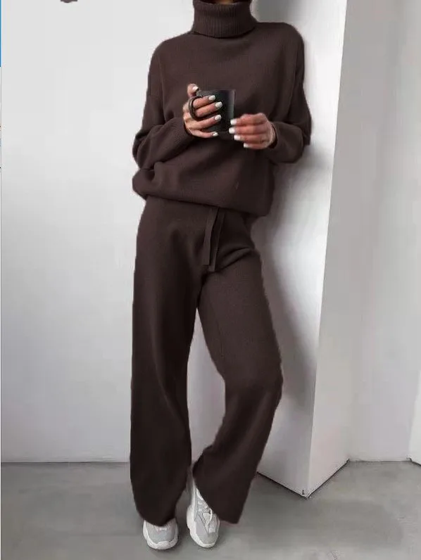 Women Sweater Suit Autumn Turtleneck Pullover Two Piece Set Casual Solid Loose Sweater and Long Pants Tracksuit Female Outfits