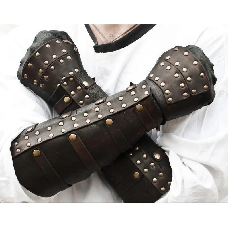 Men Women Medieval Knight Prince Cosplay Costume Armor Leather Gloves Belt Buckle Soldier Bracers Gauntlet Handguard Party Props