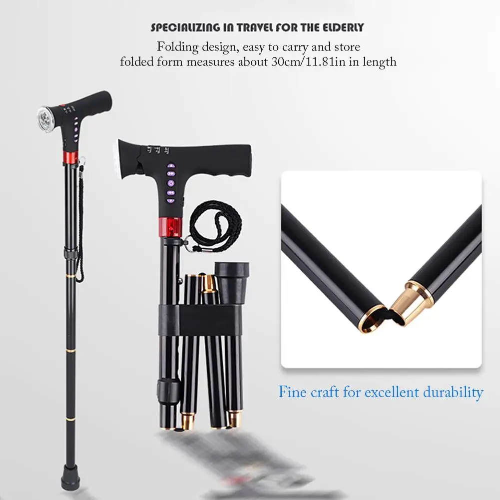 Adjustable Folding Cane With Alarm Led Light Radio And Cushionable T-handle Hiking Poles Cane Walking Stick For Elder Crutch