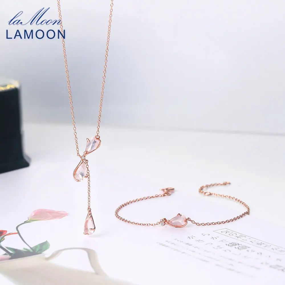 LAMOON Sakura Set 925 Sterling Silver Cherry Blossoms Petal Rose Quartz 18K Rose Gold Plated Fine Jewelry Japanese Style LMV060