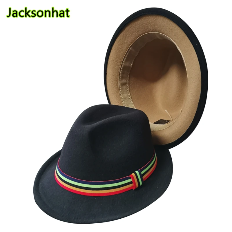 Black jazz top hat men women color ribbon two-tone fedora hat autumn and winter England retro wool felt hat church Panamaha hat