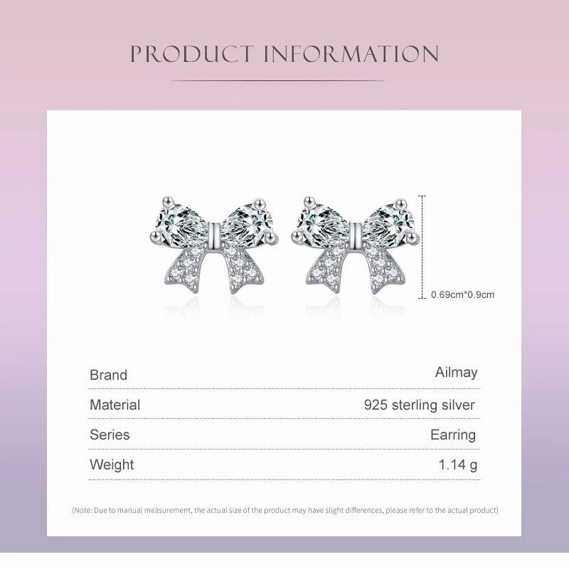 Ailmay Genuine 925 Sterling Silver Cute Romantic Dazzling Zircon Bowknot Earrings For Women Wedding Engagement Jewelry