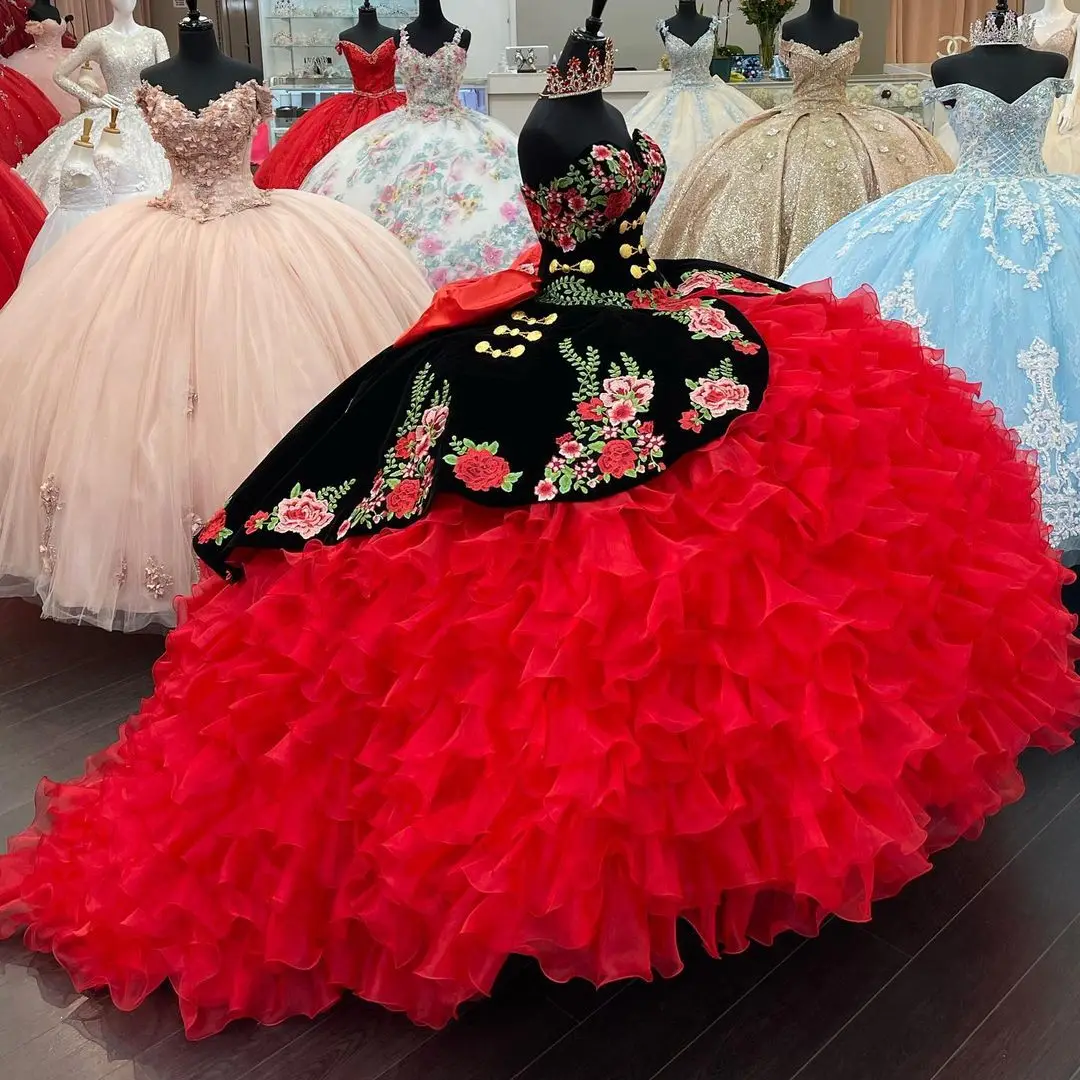 Vestidos florales rojos/negros de 15 años, quinceañera hinchada, dulce vestido de 16 con lazo, vestidos largos de graduación con cordones y escote Corazón, 2021