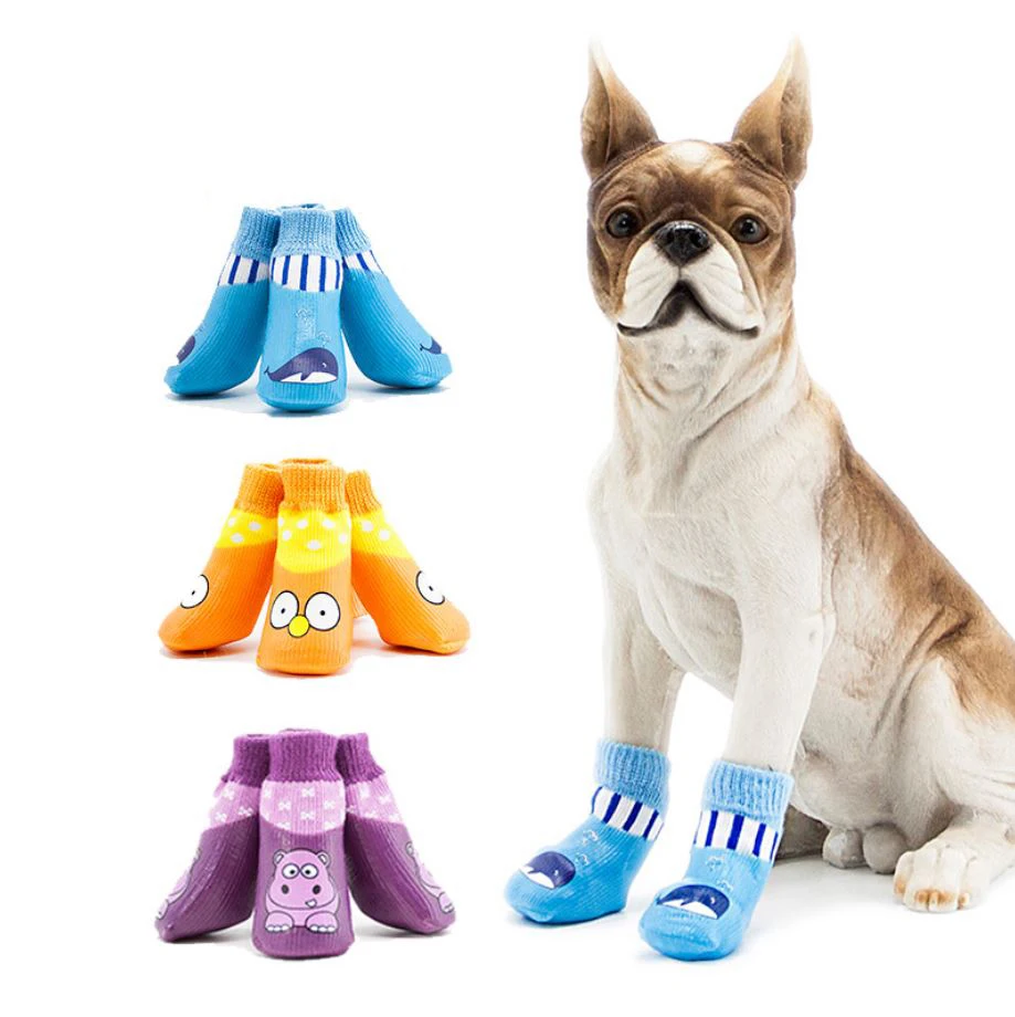 Small Dog Pet Socks Cartton Design 4pcs/Set Waterproof Puppy Shoes Casual Autumn/Winter Pet Socks for Dogs Puppies