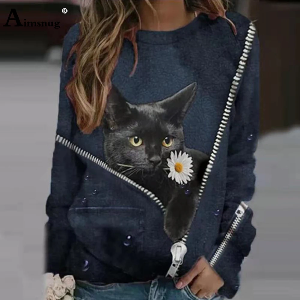 

Ladies Elegant Fashion T-shirt Artistic Cats Print Tops Women Tees Clothing 2021 New Autumn Loose Tshirt Femme