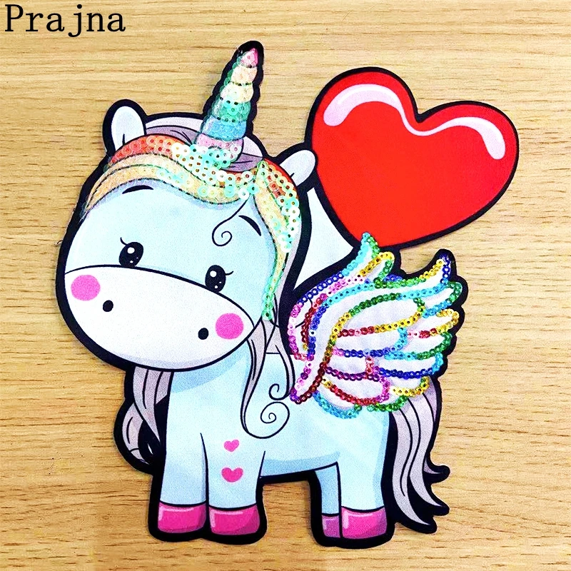 Prajna Unicorn Sequins Patch Cartoon Embroidered Patches For Clothing Animal Appliques Patches On Clothes Sewing Accessories