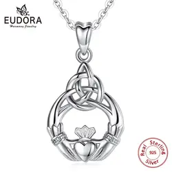 Eudora 100% 925 Sterling Silver Necklace Celtics Knot Claddagh Pendant Charm Necklaces Women Fashion Jewelry Surprise Gift D189