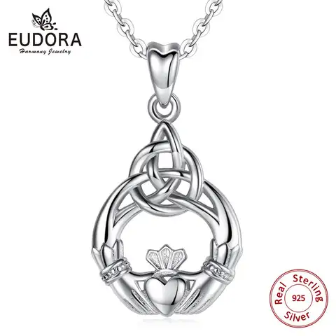 Eudora 100% 925 Sterling Silver Necklace Celtics Knot Claddagh Pendant Charm Necklaces Women Fashion Jewelry Surprise Gift D189