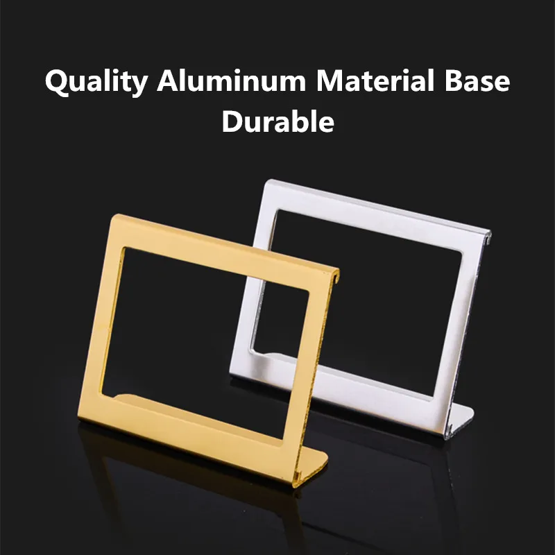 Alumínio Mini Sign Holder, Display Stand, Table Number Place Card, Pequeno Preço, Label Paper Card Tag, L Shape, 65x53mm