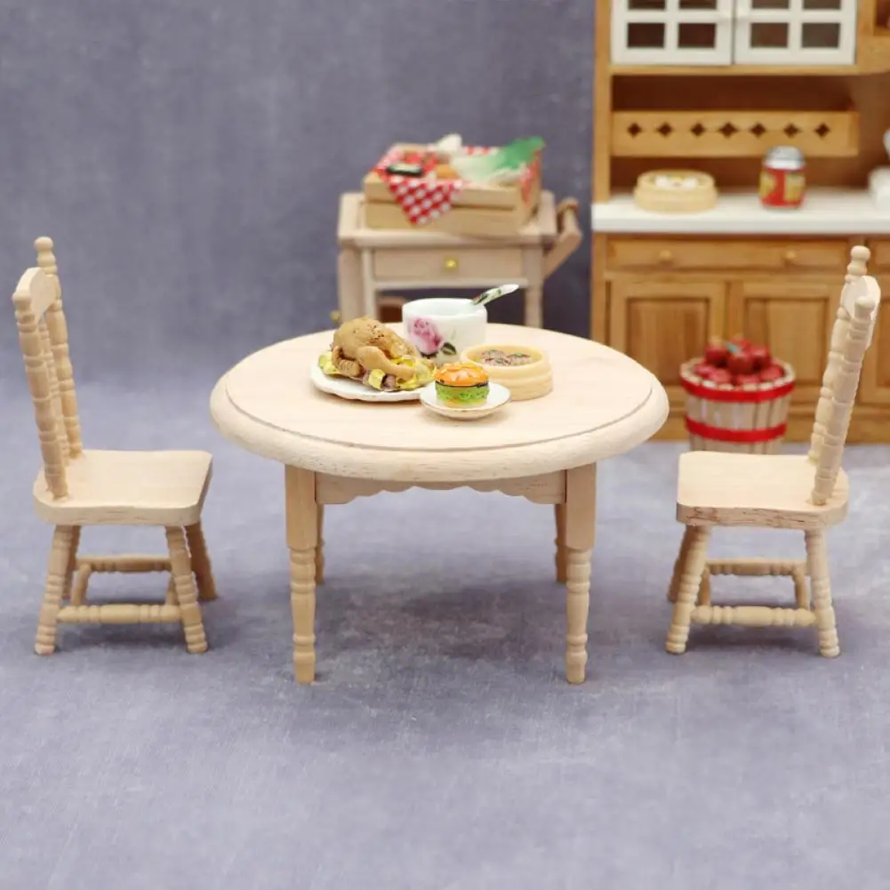 

Kitchen Cute Round Table Three-piece Set Wooden Dolls Furniture Vivid for Playing Games