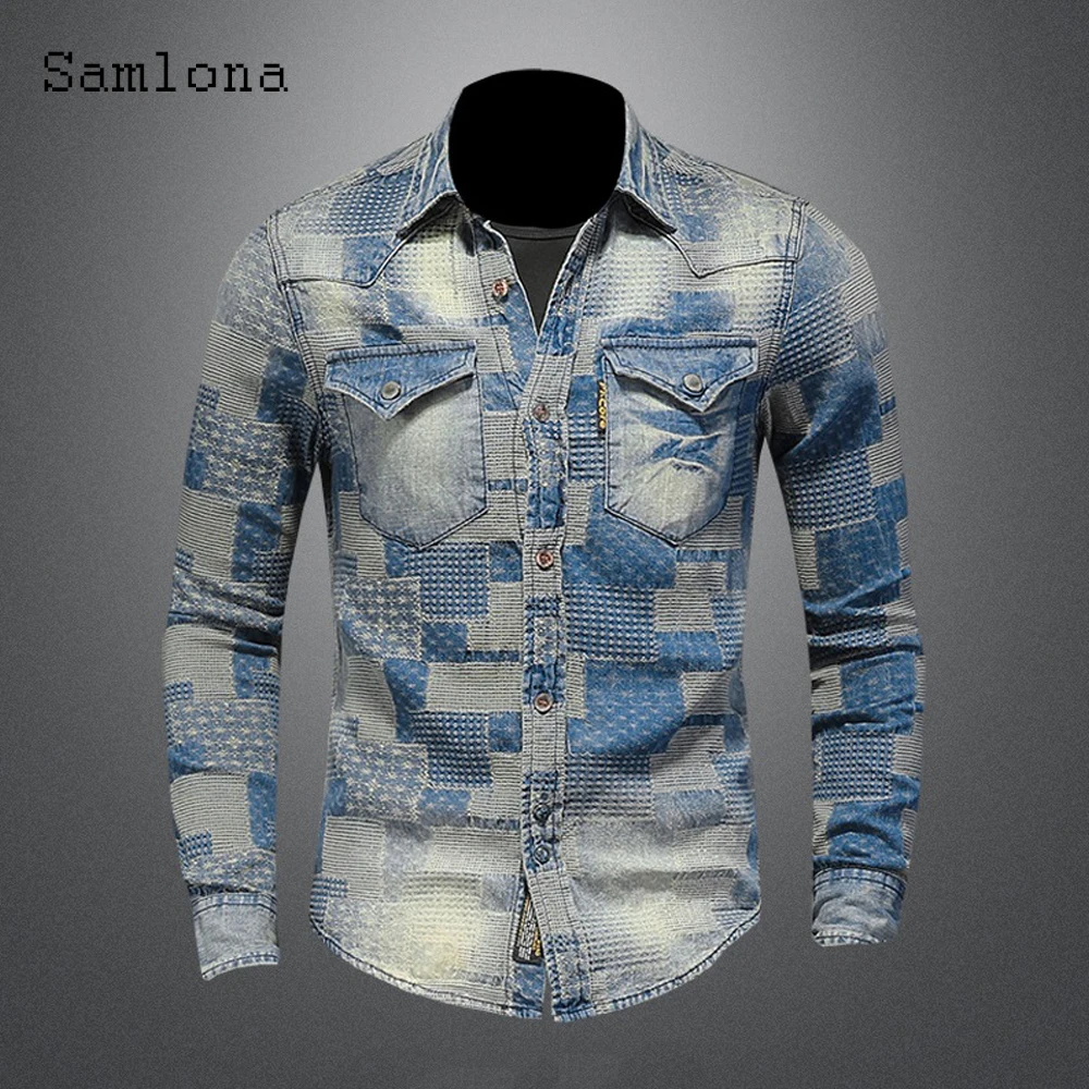 Long Sleeve Men Fashion Tops Streetwear 2022 Summer New Patchwork Denim Shirt Casual Slim Jean Denim Blouse Sexy Mens Clothing