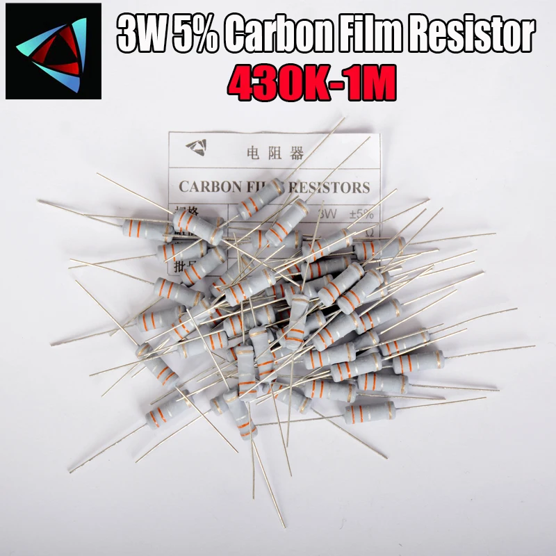 20pcs 3W Carbon Film Resistor 5% 1R ~ 1M 430K 470K 510K 560K 620K 680K 750K 820K 910K 1M ohm