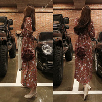 Korean Purchasing Star With The Same Paragraph Long Over The Hnee Floral Bottoming Dress Chiffon Fashion Slim Long Skirt Female