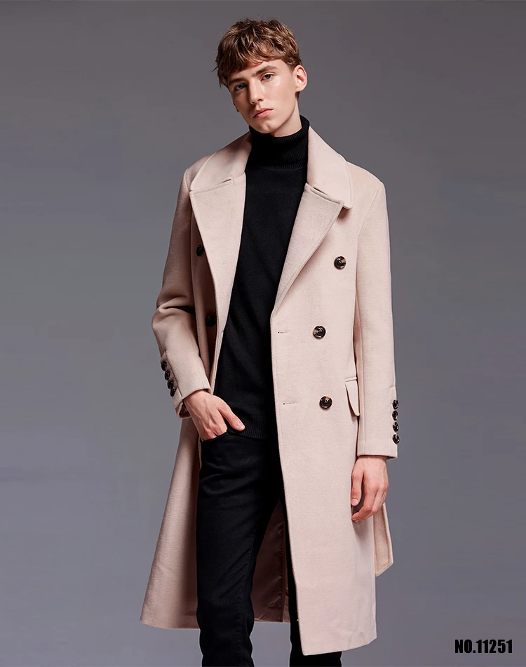 

Classic Brand Mens Extra Long Woolen Coat Autumn/Winter England Artifical Cashmere Over Coat Business Causal Beige Outwear