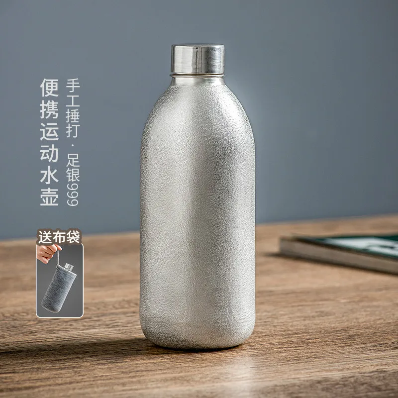 Pure Silver Water Bottle Water Bottle Pure Silver 999 Handmade Hammer Travel Cup Multi-purpose Water Cup Portable Cup with Lid