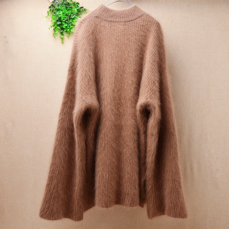 ladies women hairy fluffy angora rabbit fur turtleneck long flare sleeves loose lazy oaf pullover mink cashmere jumper sweater