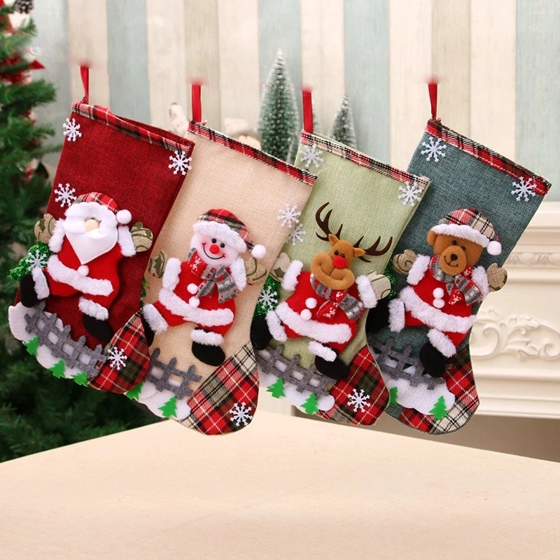 Christmas Stockings Socks Xmas Gift Bags Large Fireplace Decoration New Year 2022 Socks Candy Packaging Bag Deer Tree Ornaments