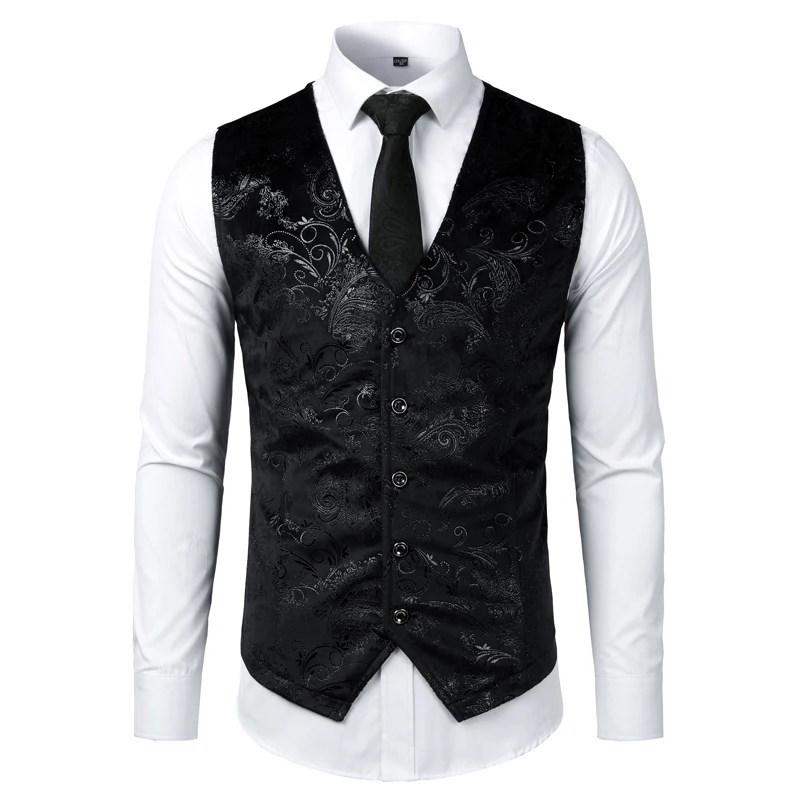 Gold Steampunk Vest Men Suit Gilet Homme Wedding Sleeveless Slim Fit Paisley Floral Dress Vests For Men Single Buttons Waistcoat