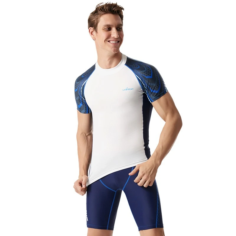 L-5XL Plus Size Surfing Swim Shirt Men Rash Guard Swimwear Rashguard Fast Dry Short Sleeve Swimsuit Swimming Sailing Diving Suit