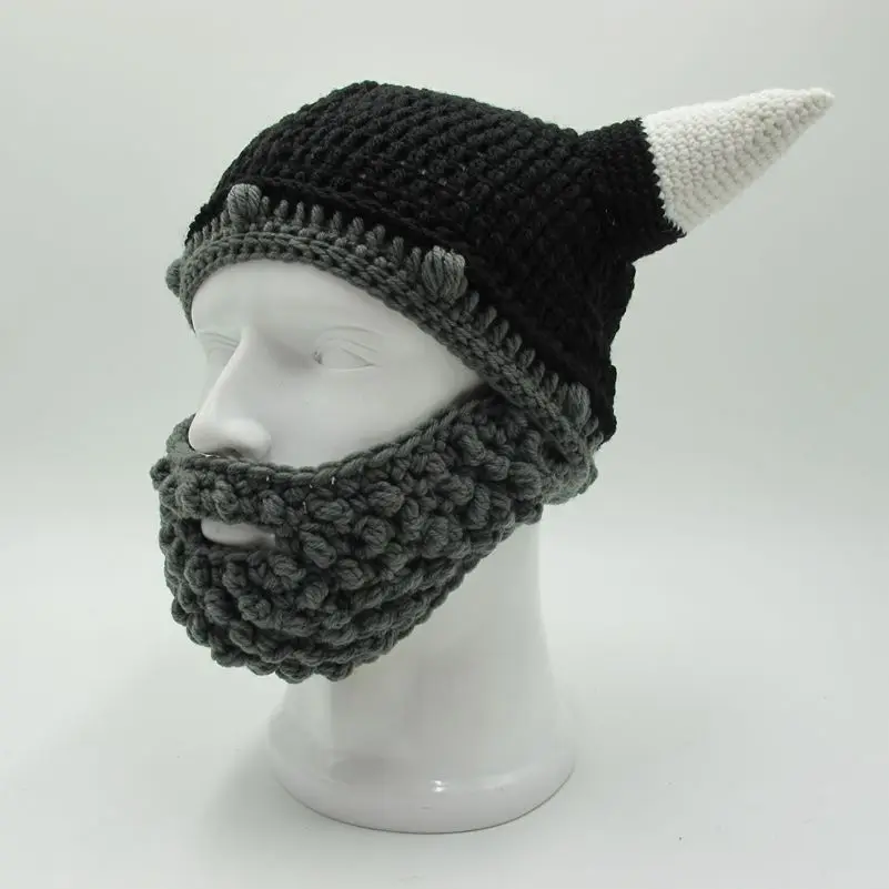 Men\'s Vikings Helmet Hat Horn Beard Gorro Fancy Dress Handmade Knit Winter Cap Warm Beanie Halloween Gift Vicking Party