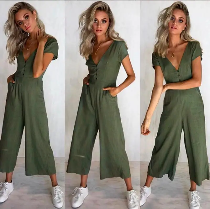 Spring and summer women's suit V-neck fashion casual button one-piece wide-leg pants