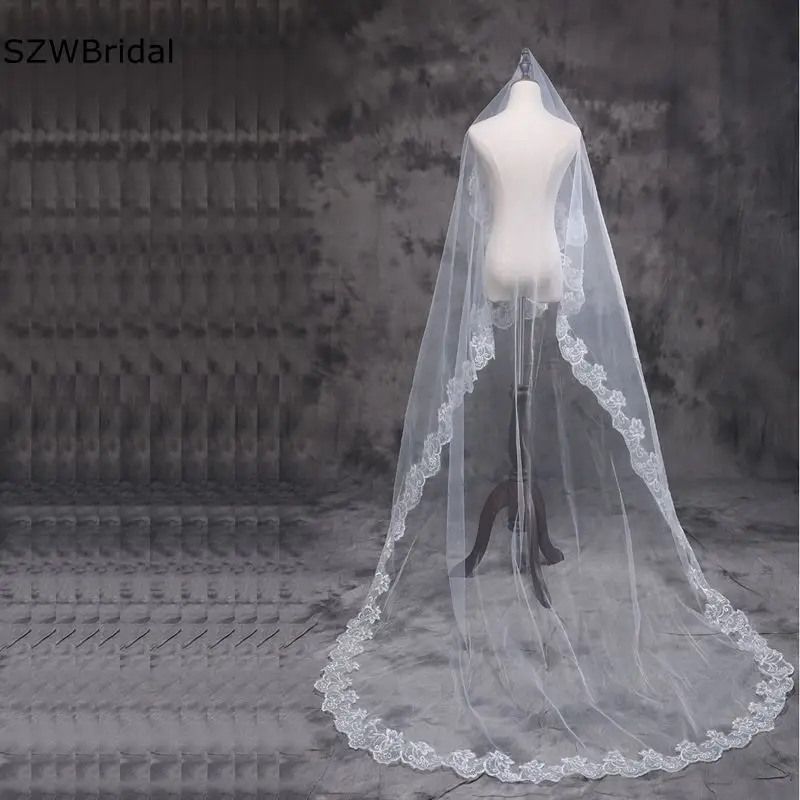 

New Arrival 3 Meter Long Wedding Veils Lace Edge Cheap Wedding accessories White Ivory Bridal Veil Boda vail bride