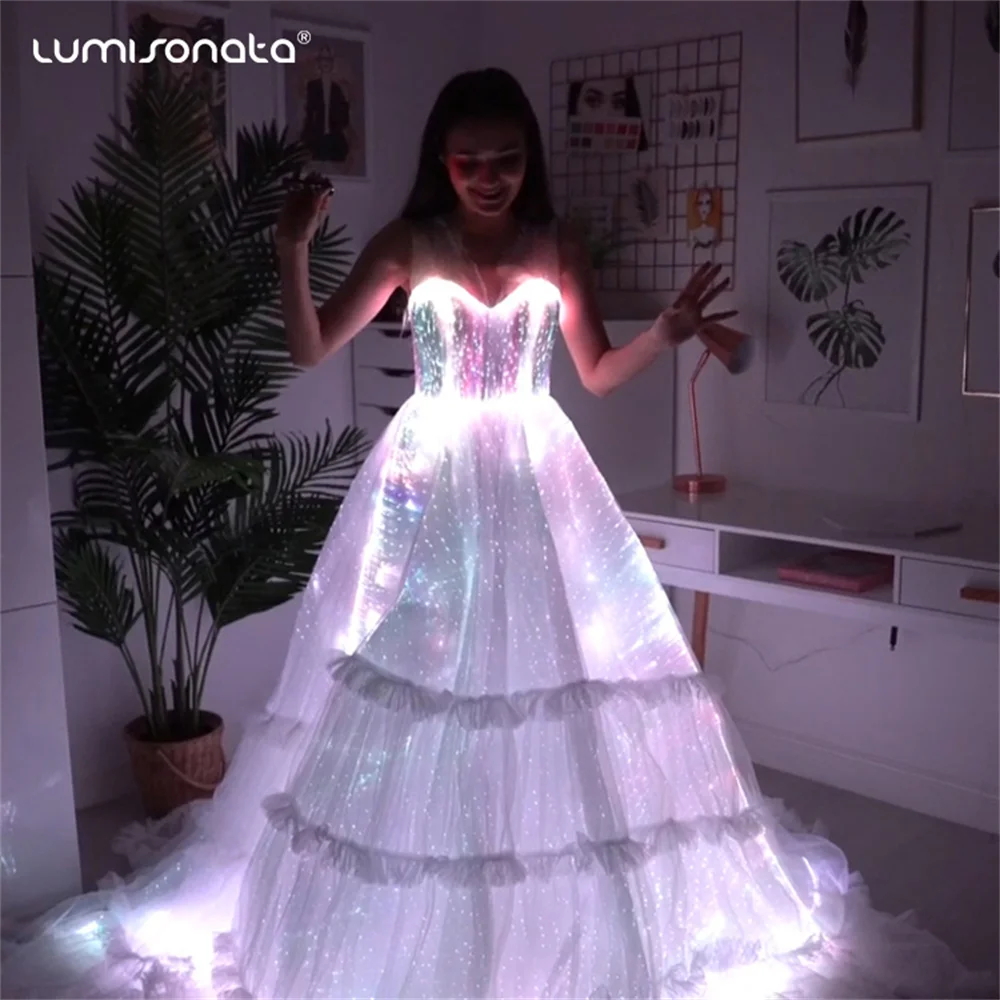 Lumisonata New Led Light Up Luminous Mermaid Shinny Dress For Wedding Party Formal White Wave Flower Pattern Long Skirt