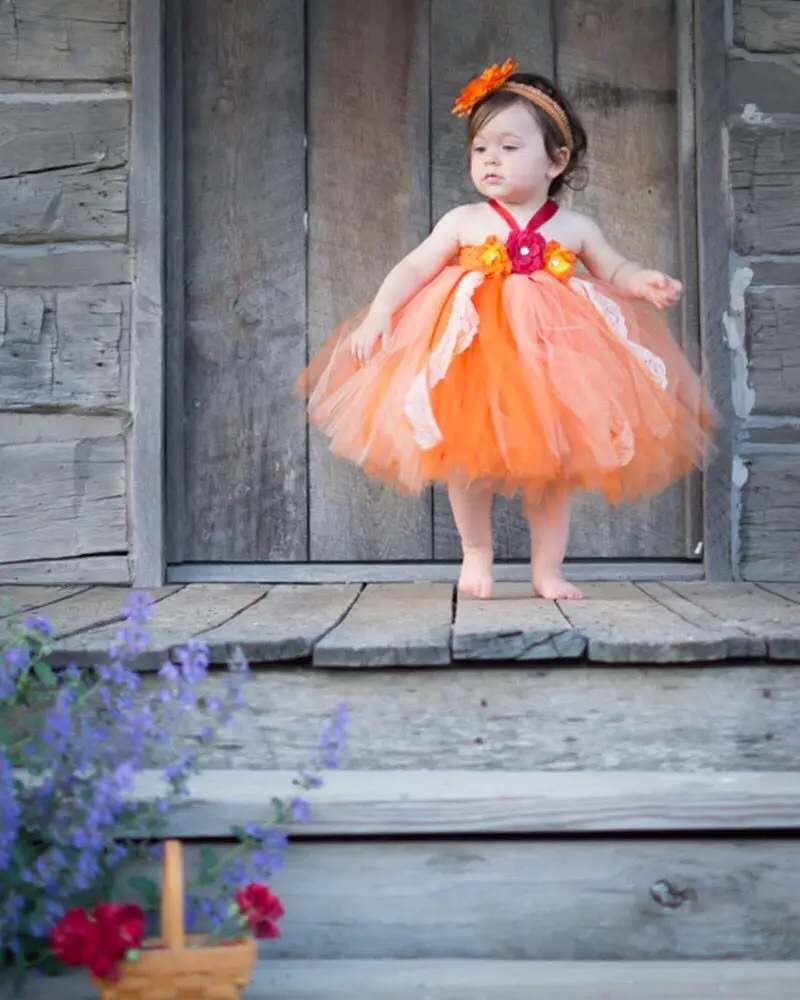 Baby Girls Orange Flower Lace Tutu Dress Kids Tulle Dress Ball Gown with Hairbow Children Birthday Halloween Party Costume Dress