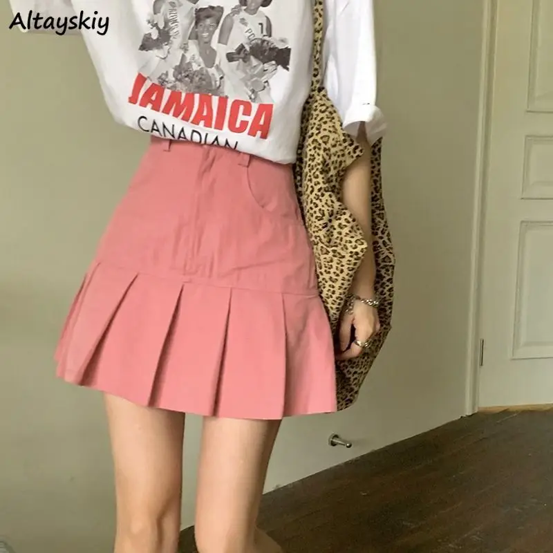 Pink Pleated Skirts Women A-line Students All-match Sweet JK Casual Faldas Summer High Waist Vintage Korean Style Mini Retro Ins