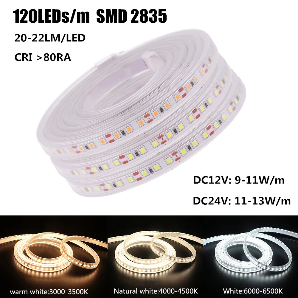 IP67 Waterproof LED Strip with Power Supply DC 12V 24V 120LEDs/m 2835 Flexible Tape LED Light Lamp Natural Warm White 0.5-10M