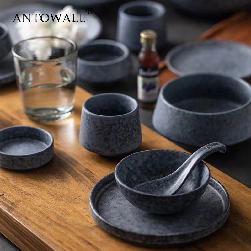 Antowall Stoneware Plate Ceramic Dish Matt Rice Soup Bowl Gray Color Restaurant Tableware Wholesale