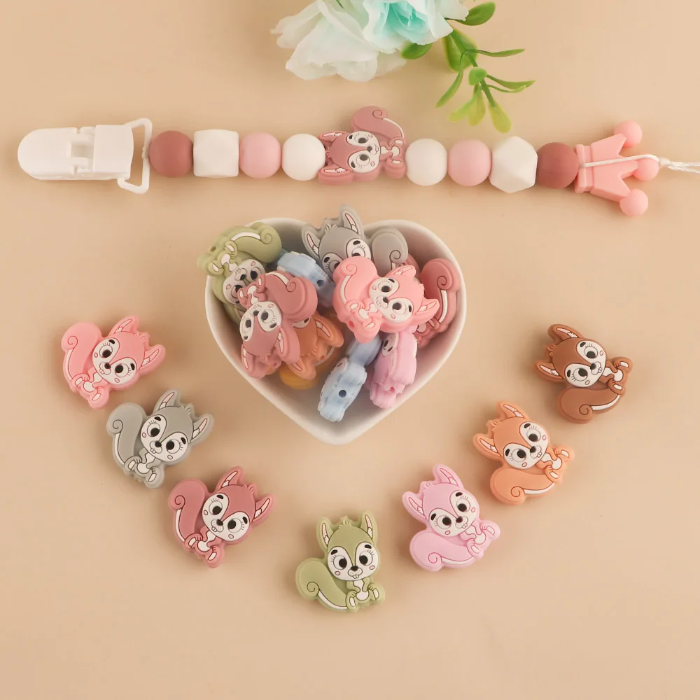 Kovict 10Pcs Cartoon Mini Squirrel Silicone Beads Cute Animal BPA Free DIY Teether Pacifier Clip Baby Accessories Teether Toy