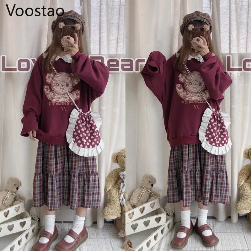 Japanese Autumn Sweet Cartoon Bear Print JK Sweatshirt Girls Kawaii Loose Lolita Hoodies Spring Women Harajuku Pullover Coats