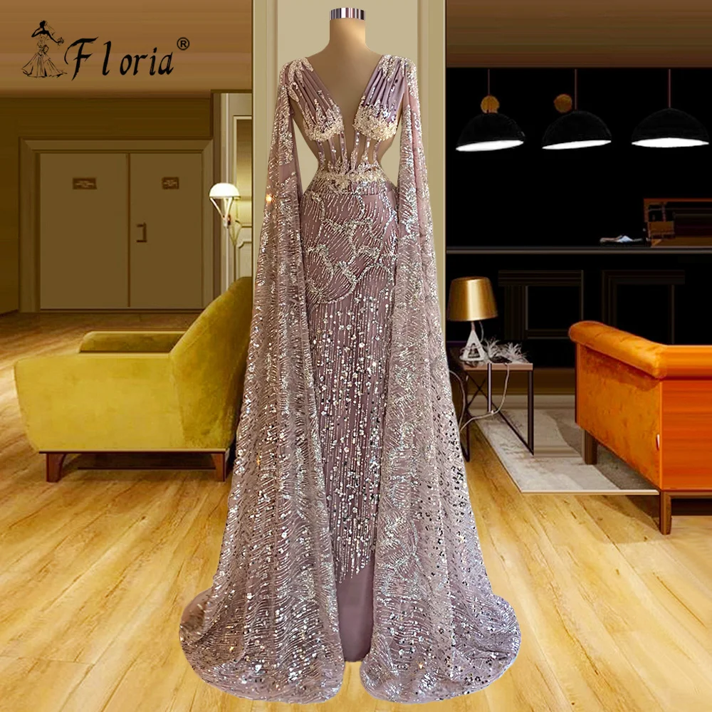 

Glitter Beading Sequins Evening Dresses Pink Long Sleeves Arabic Evening Gowns Celebrity Dresses 2021 Robe Formales