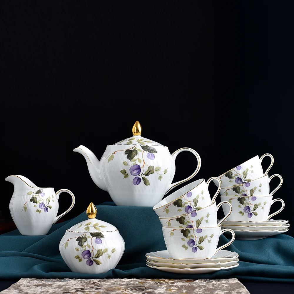 

15pcs/set Good Quality Bone China Coffee Set Modern Emboss Porcelain Tea Set porcelain tea sets drinkwar fine bone china coffee