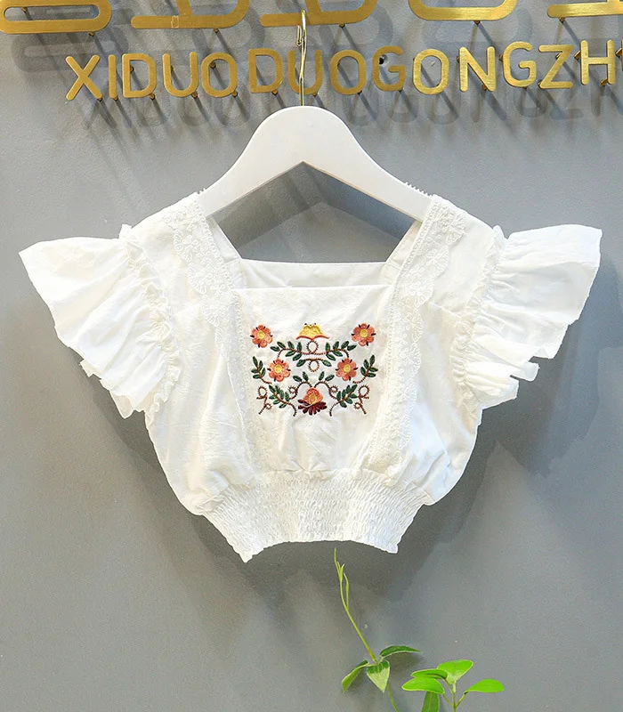 Children'S Clothing 2026 Summer New Girl Suit Fashion Waist Petal Sleeve Embroidered Blouse +Lace Edge Denim Shorts Clothes Suit