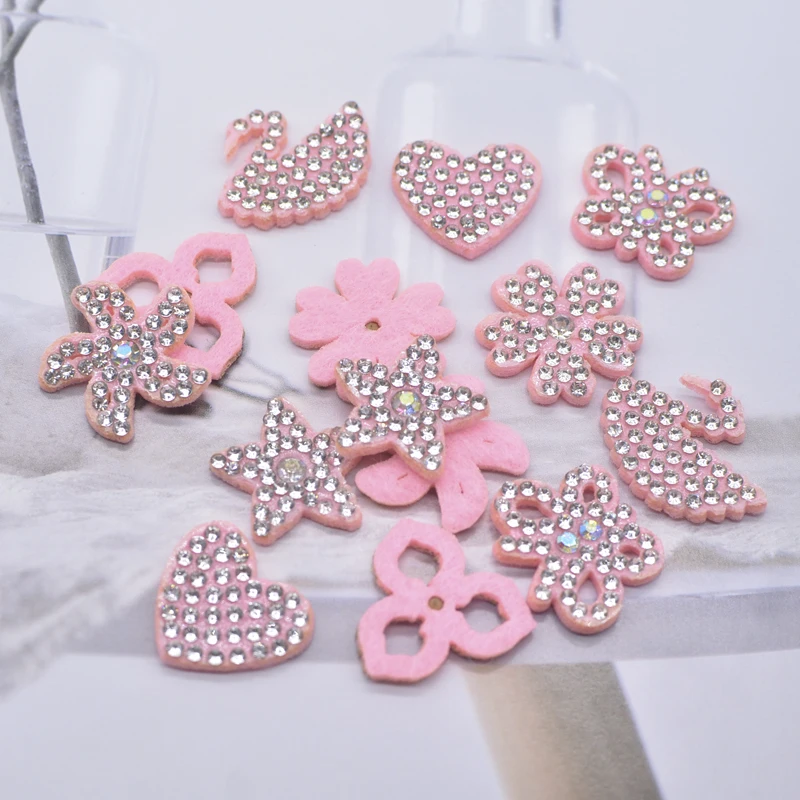 30Pcs Pink Star Heart Flower Windmill Butterfly Swan Rhinestone Patches for Clothing Headwear Applique Hairband Jewelry Supplies