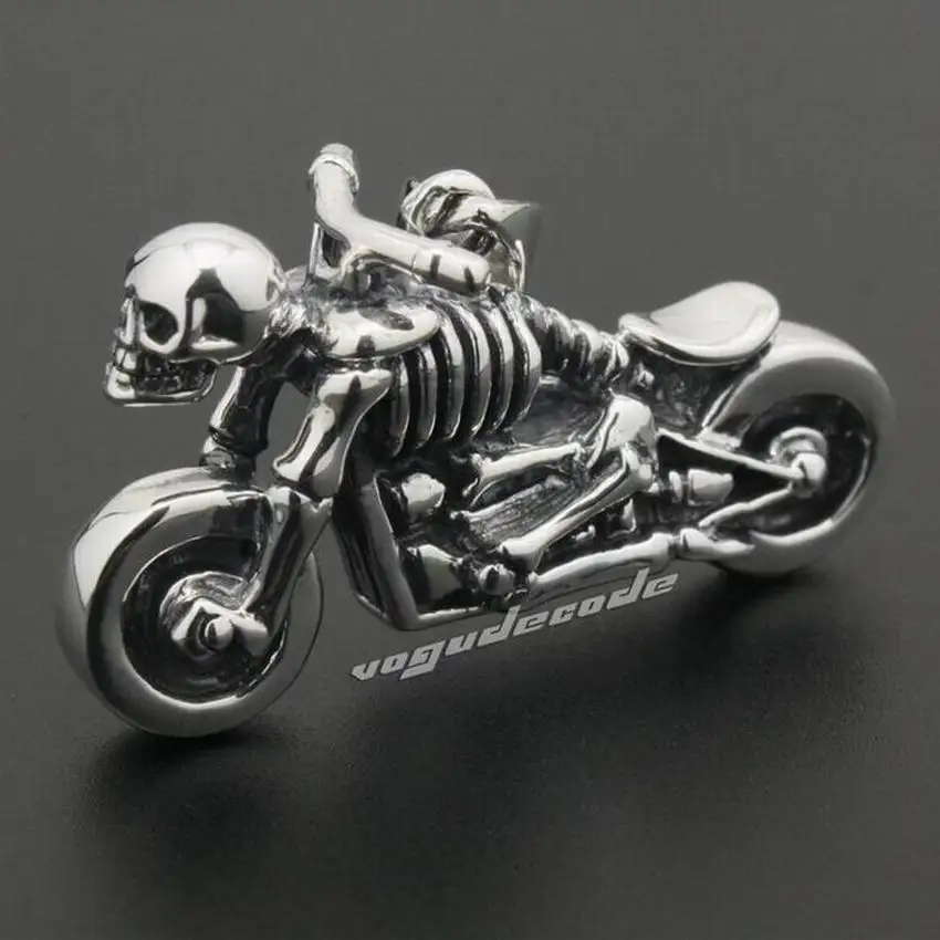 

925 Sterling Silver Motorcycle Skull Skeleton Mens Biekr Rock Punk Pendant 8B017