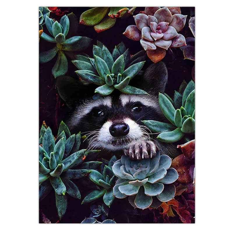 Diamond Embroidery 5D Animal Art Raccoon Jungle Wall Sticker Diy Diamond Painting Succulent Plant for Living Room CuadrosZP-4484