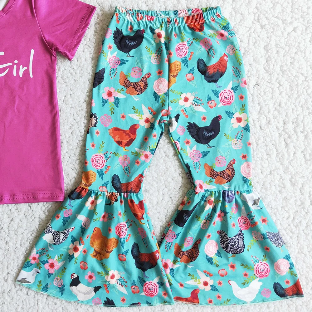 Wholesale Baby Girl Clothes Chicken Farm Boutique Kids Clothing Short Sleeve T-shirt Bell Pants Set Toddler Baby Outfits