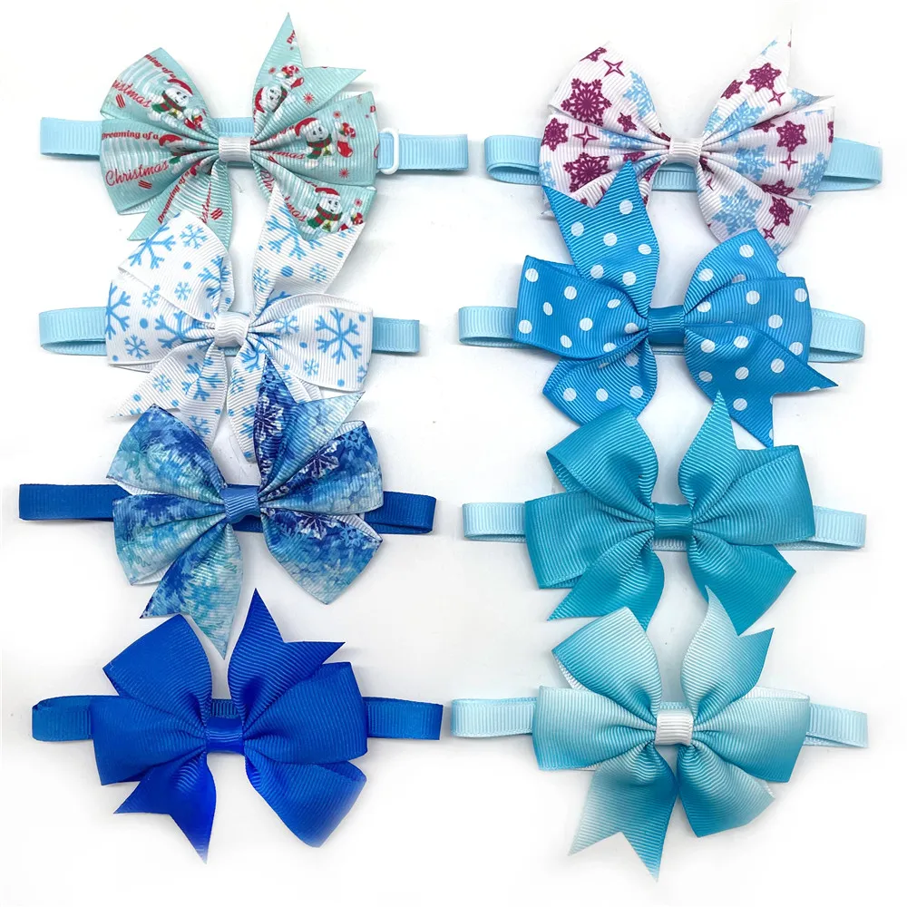 30/50pcs Pet Dog Winter Style Small Dog Cat Bowties Neckteis Snowflake Bow Ties Dog Grooming Products Dog Holiday Blue Bows