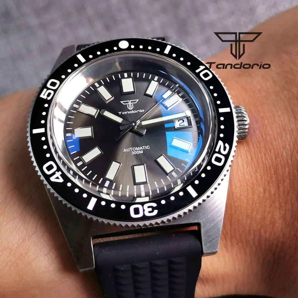 Tandorio 41mm 62mas Automatic Men Watch Silver Ring Sapphire Glass AR Coating PT5000 NH35A 300M Grey Sunburst Dial Rubber Strap