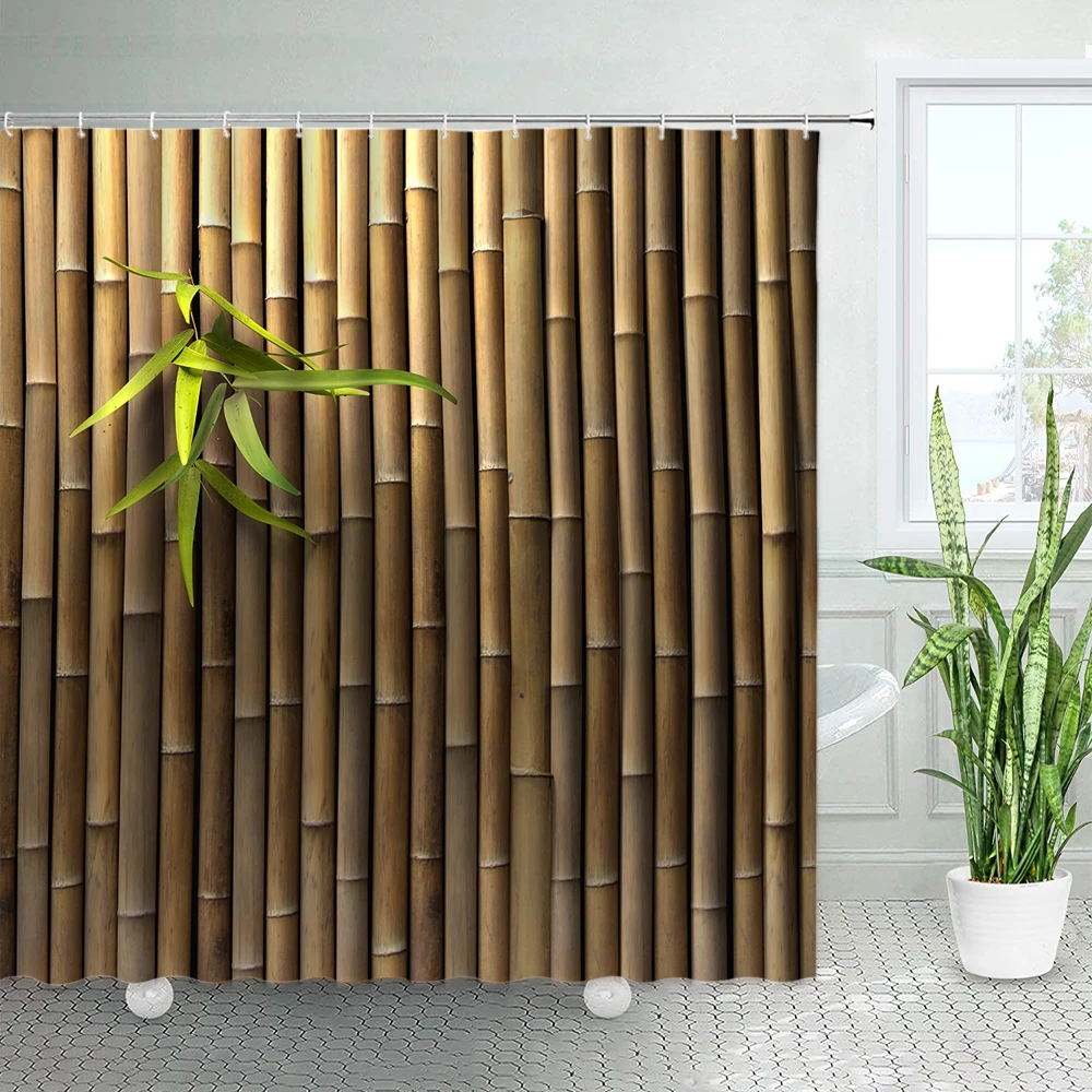 Bamboo Printed Shower Curtains Set Zen Japanese Spring Nature Tan Home Decor Asian Fabric Chic Bathroom Bath Curtain with Hooks