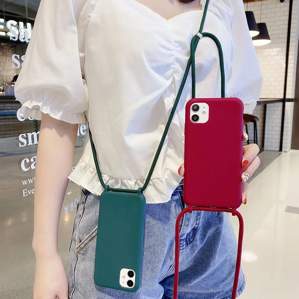 Custodia per telefono in tinta unita per iPhone 13 12 Mini 11 Pro Max XR X XS Max 6 7 8 Plus cordino collana catena appendere cinturino corda copertura corda