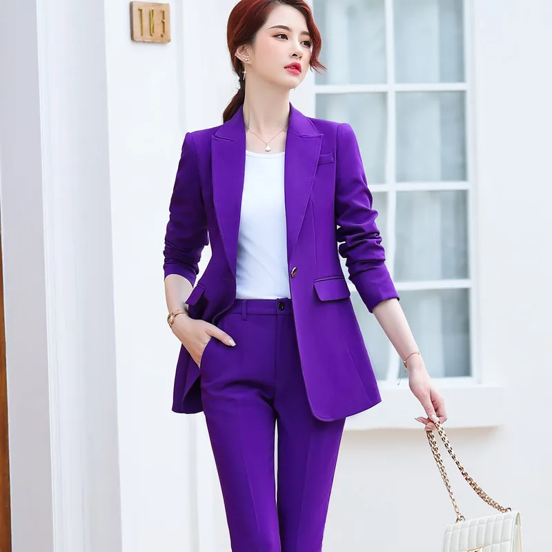 Blazer e calça de manga comprida feminino, faixa roxa, fino, temperamento, desgaste do trabalho de negócios, senhoras do escritório, moda, inverno