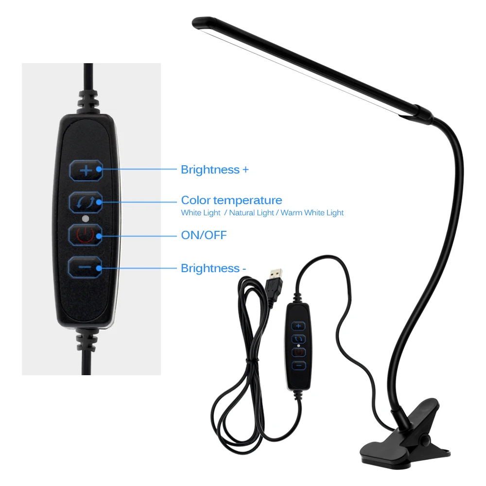 Clip LED Desk Lamp Table Light USB Charging Folding Dimmable Study Reading Light Brightness&Color Adjustable With Switch