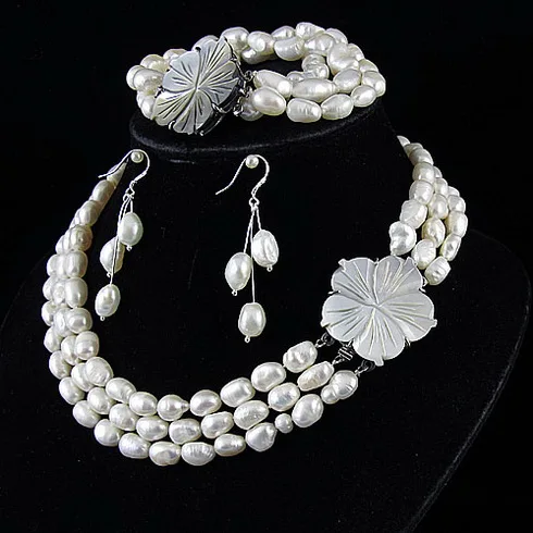 

Stunning Terisa Pearl Jewelry Set White Genuine Freshwater Pearl Necklace Bracelet Earring Shell Flower Clasp Fashion Women Gift